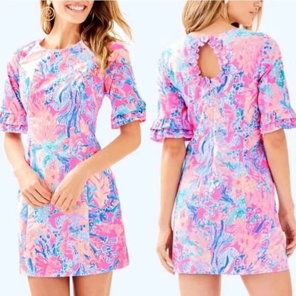 Lilly Pulitzer Dress Size 12 Light Pascha Pink Aquadesiac Fiesta Stretch Shift - Picture 1 of 8